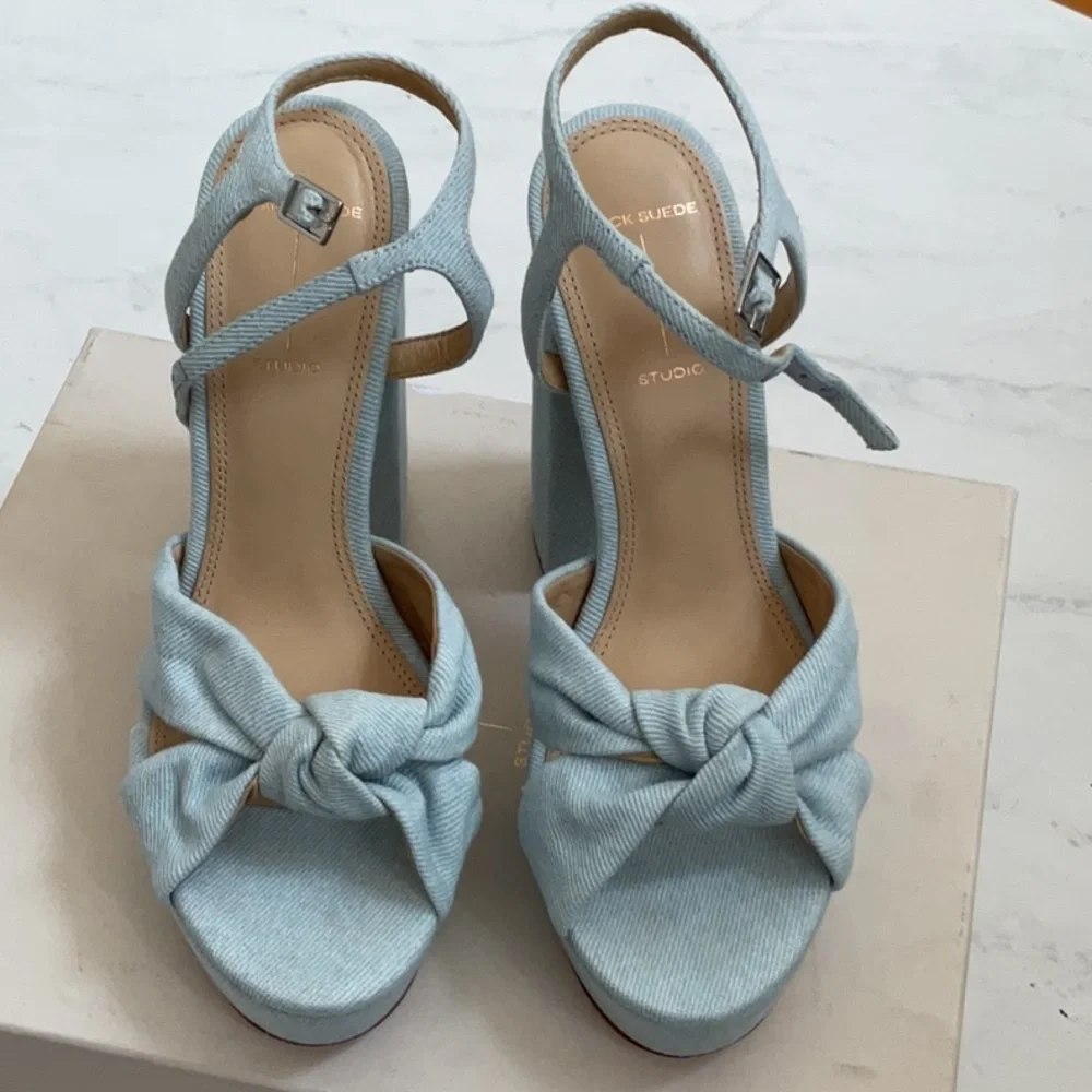 Black Suede Studio Abby Platform Sandal in Light Denim, Size: 9